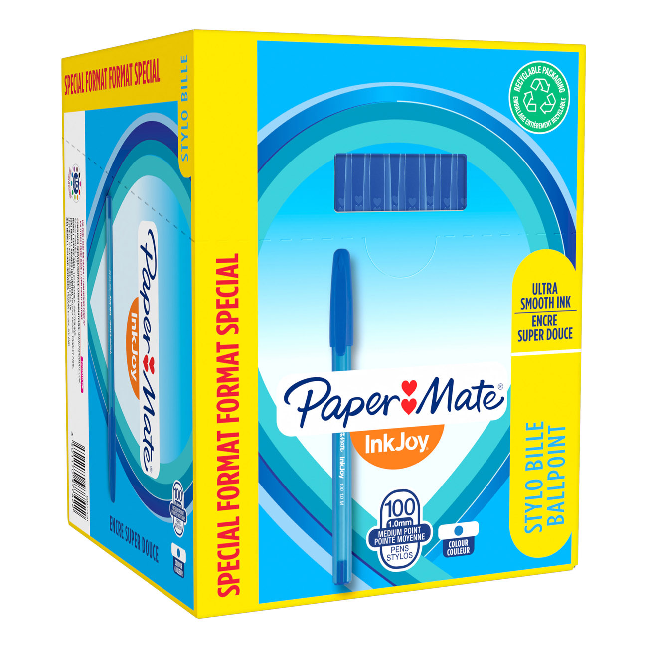 Paper Mate InkJoy 100 Stylo bille à capuchon pointe moyenne 1 mm bleu - Boîte de 80 + 20 OFFERTS