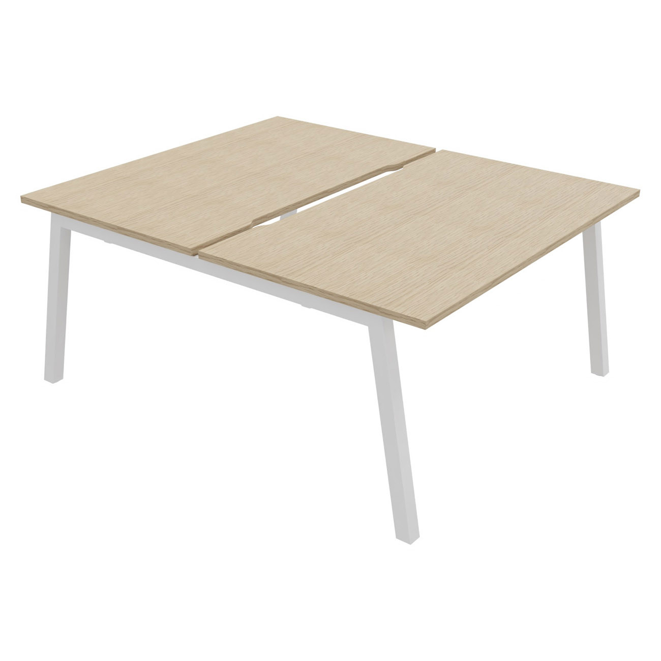Bureau droit partagé 2 postes Burocolor A échancré - Départ - L.140 x P.163 cm - Plateau Chêne - Pieds Blanc