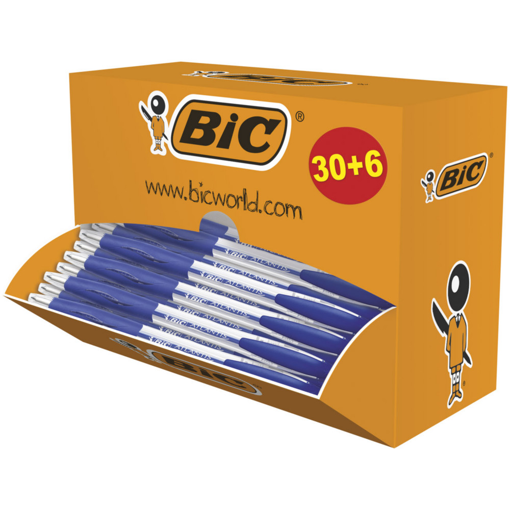 BIC Atlantis Classic Stylo bille rtractable avec grip - pointe moyenne 1 mm - Bleu - Bote de 30 + 6 OFFERTS
