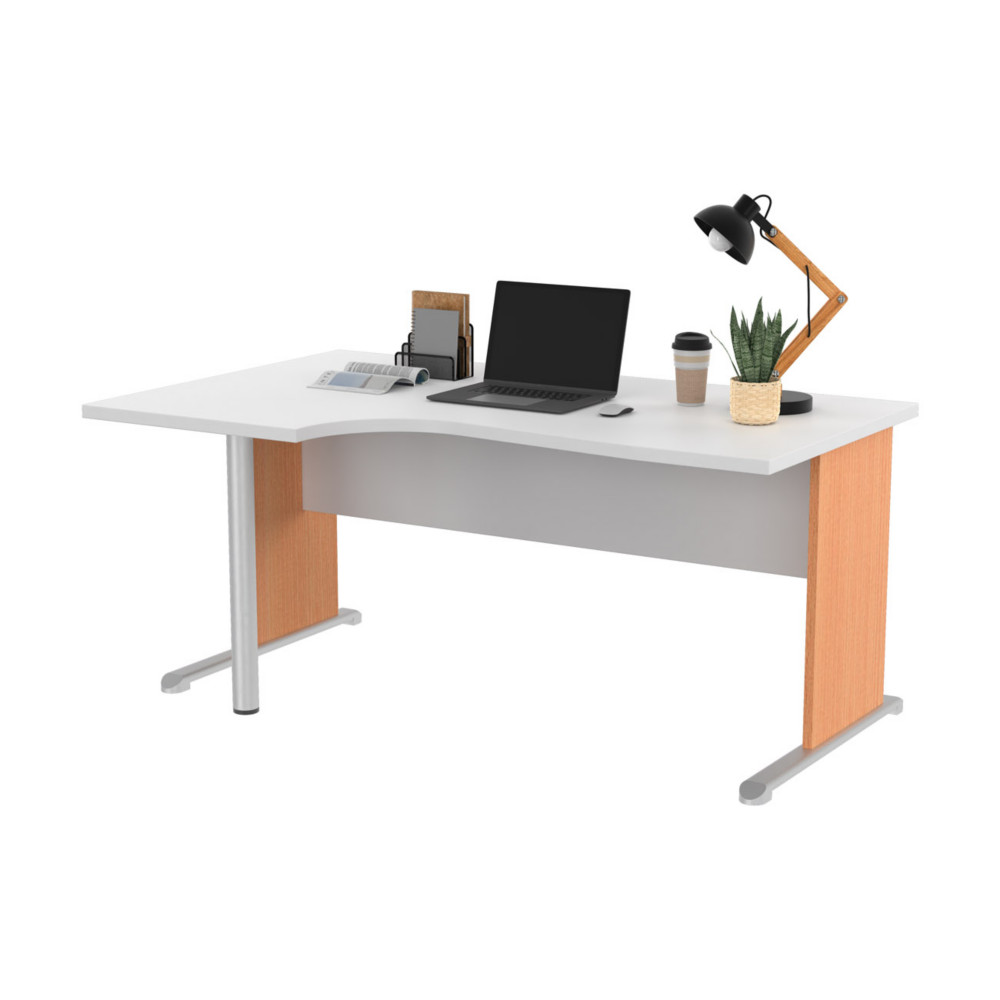 Bureau d'angle compact retour  gauche Pronto Bois - L.160 x P.100 cm - Plateau Blanc - Pieds L Htre