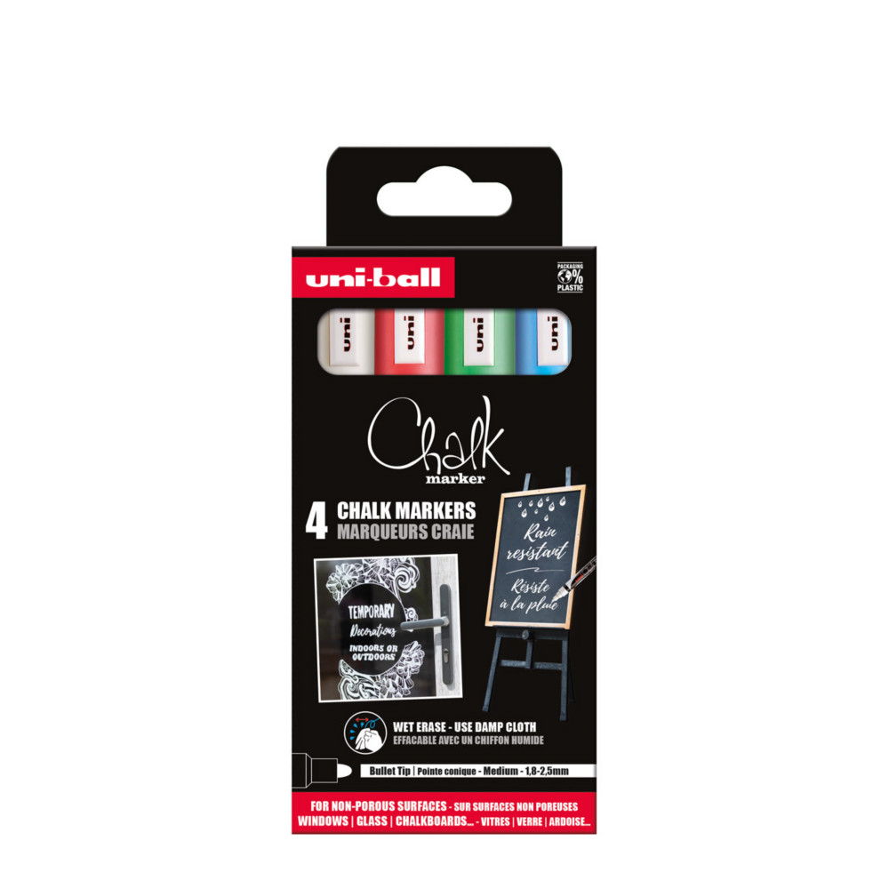Uni Marqueur craie Chalk Marker PWE-5M Pointe ogive moyenne 2,5 mm - 4 couleurs assorties