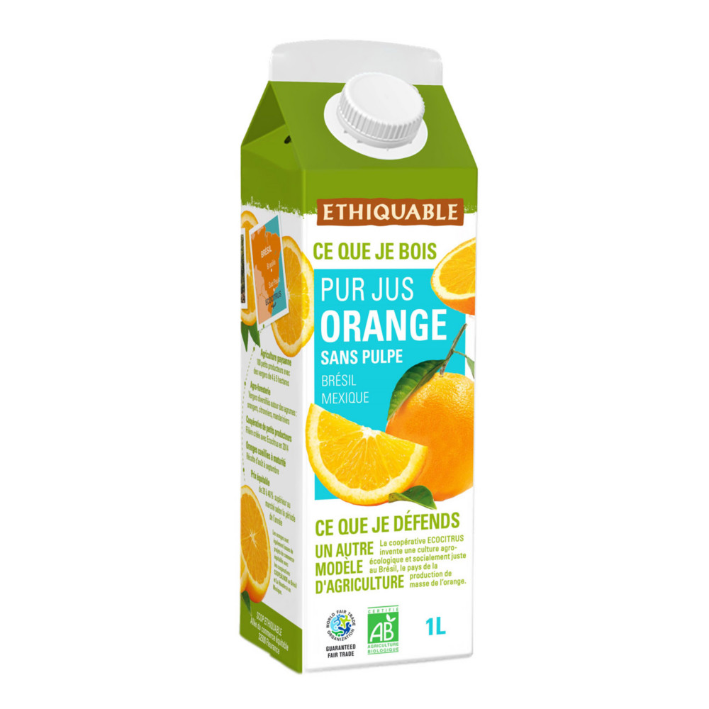 Ethiquable Pur Jus d'orange Bio et quitable - Lot de 8 briques 1L