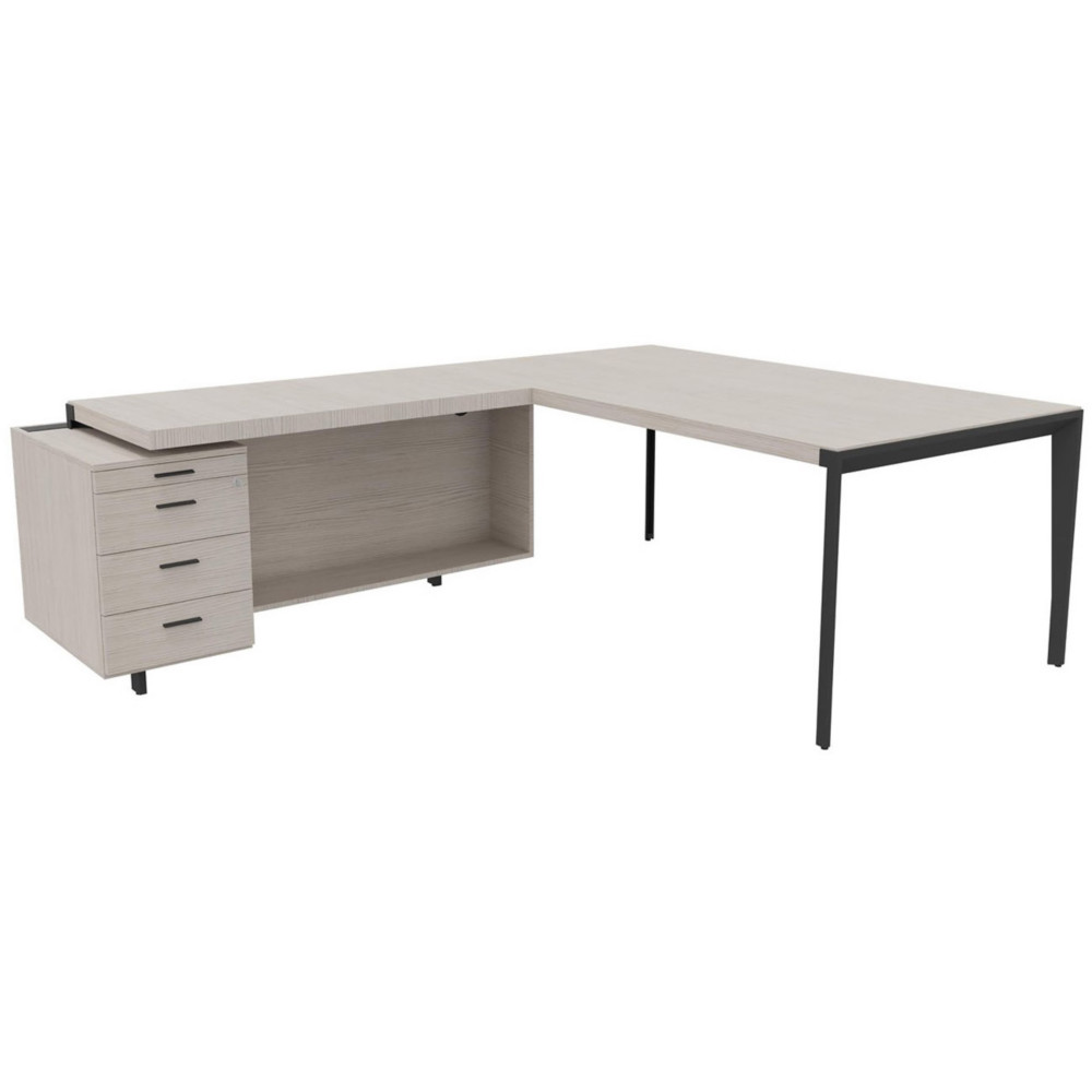 Bureau d'angle direction Arold 192 x 234 avec retour caisson porteur  gauche Placage bois orme gris - Pitement mtal gris