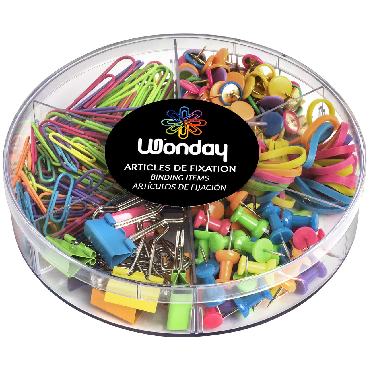 Wonday kit de punaises, trombones, pinces, élastiques - 5 articles de fixations - Coloris assortis