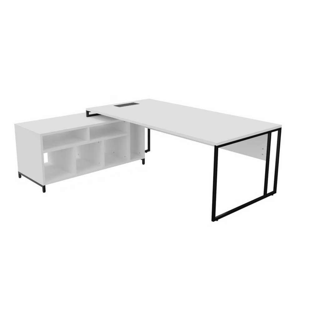 Bureau manager retour  gauche Skyline - L.200 x P.100 cm - Plateau Blanc - Pieds Noir