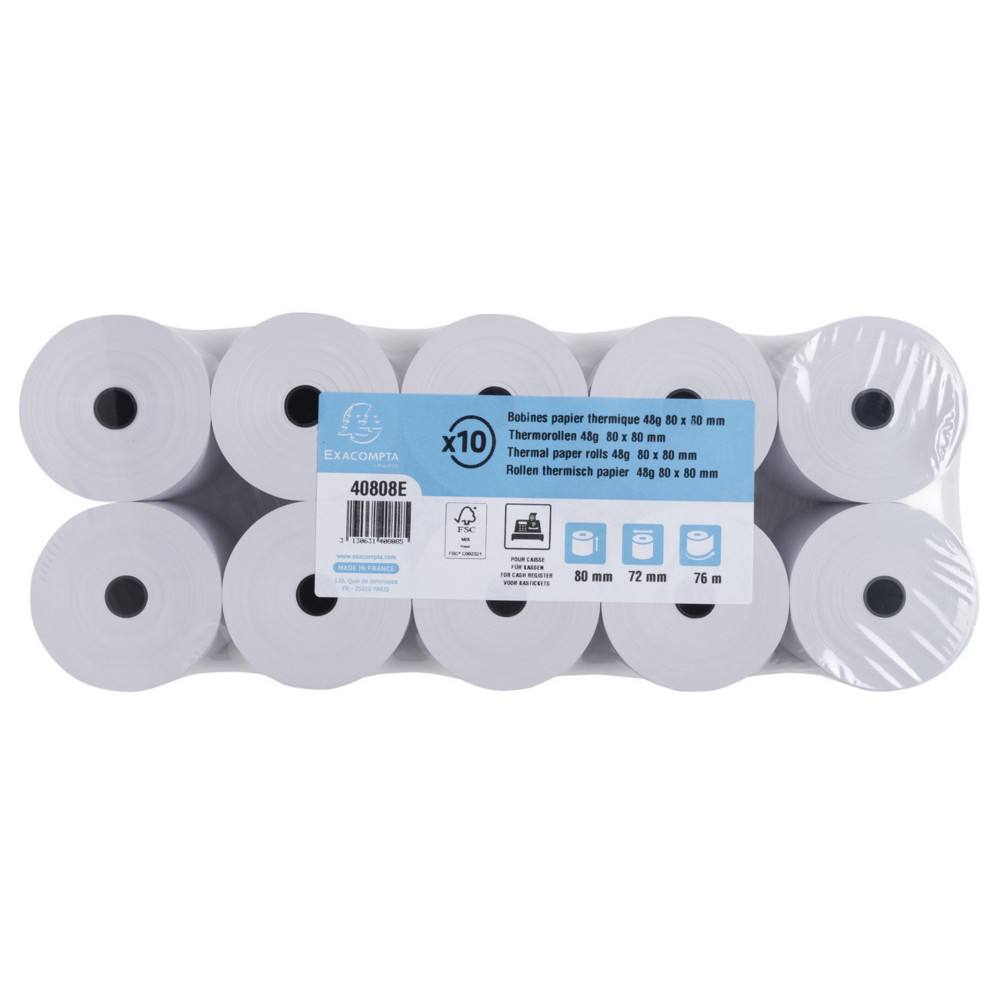 Exacompta Bobine tickets de caisse 80 x 72 x 12 mm - Longueur 76M - 40808E - Rouleau Papier thermique 1 pli 48g sans Bisphnol A - Lot de 10