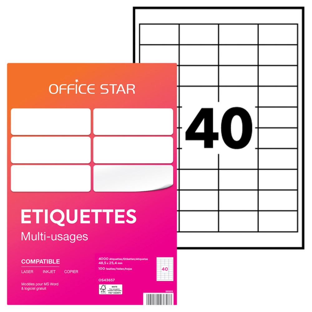 OFFICE STAR OS43657 Etiquettes multi-usages blanches 48,5 x 25,4 mm - Bote de 4000