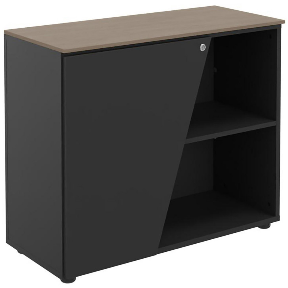 Armoire basse porte  gauche Rha - L. 90 x P. 40 x H. 76 cm - Plateau Noyer - Porte Carbone