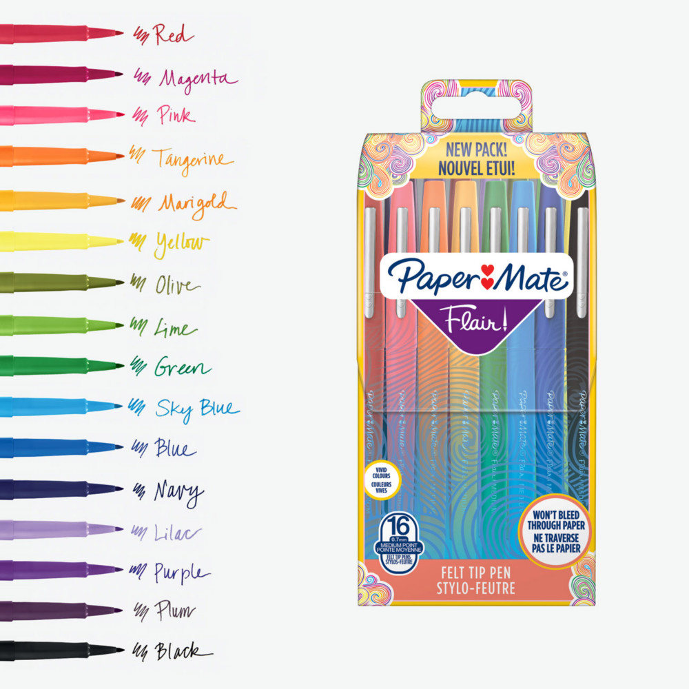 Paper Mate Flair Original - Stylo feutre  capuchon pointe moyenne 1 mm - Pochette 16 couleurs assorties