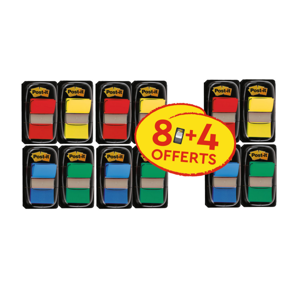 Post-it Marque-pages taille moyenne Lot de 8x50 avec distributeur + 4tuis offerts - Couleurs Assorties