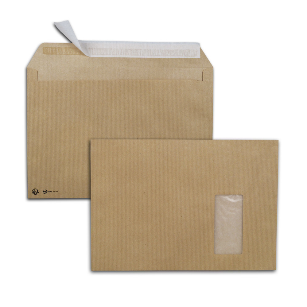 RAJA Enveloppe Premium kraft brun C4 229 x 324 mm 90g fentre 50 x 100 mm - autocollante bande protectrice - Lot de 250