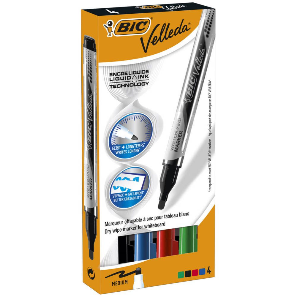 BIC Velleda Feutres pour Tableau Blanc Effaables  Sec Pointe Conique Large 2,3 mm - Marqueurs Encre Liquide Couleurs Assorties, Etui Carton de 4