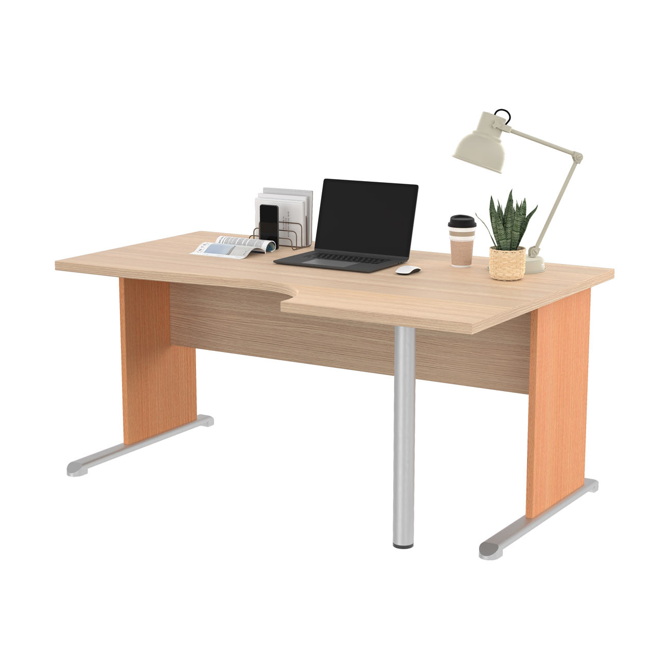 Bureau d'angle compact retour à droite Pronto Bois - L.160 x P.100 cm - Plateau Chêne - Pieds L Hêtre