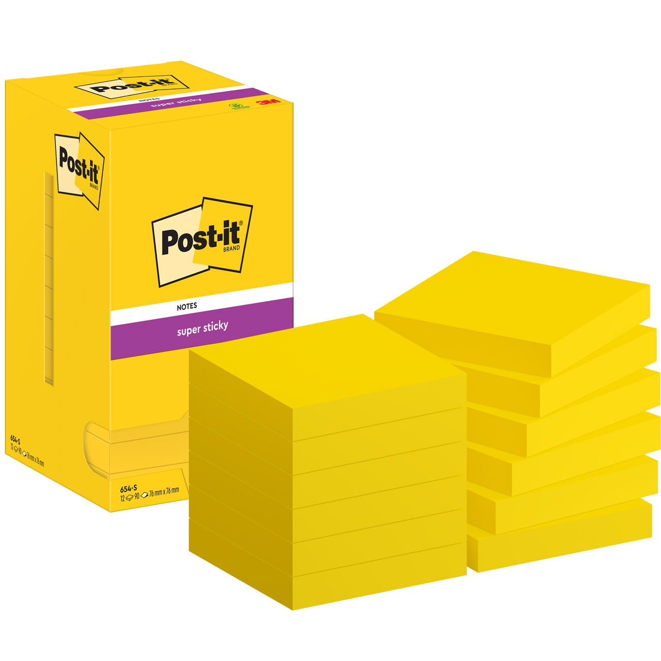 Notes Post-it Supersticky - 76 x 76 mm - lot de 12 blocs de 90 feuilles - jaune