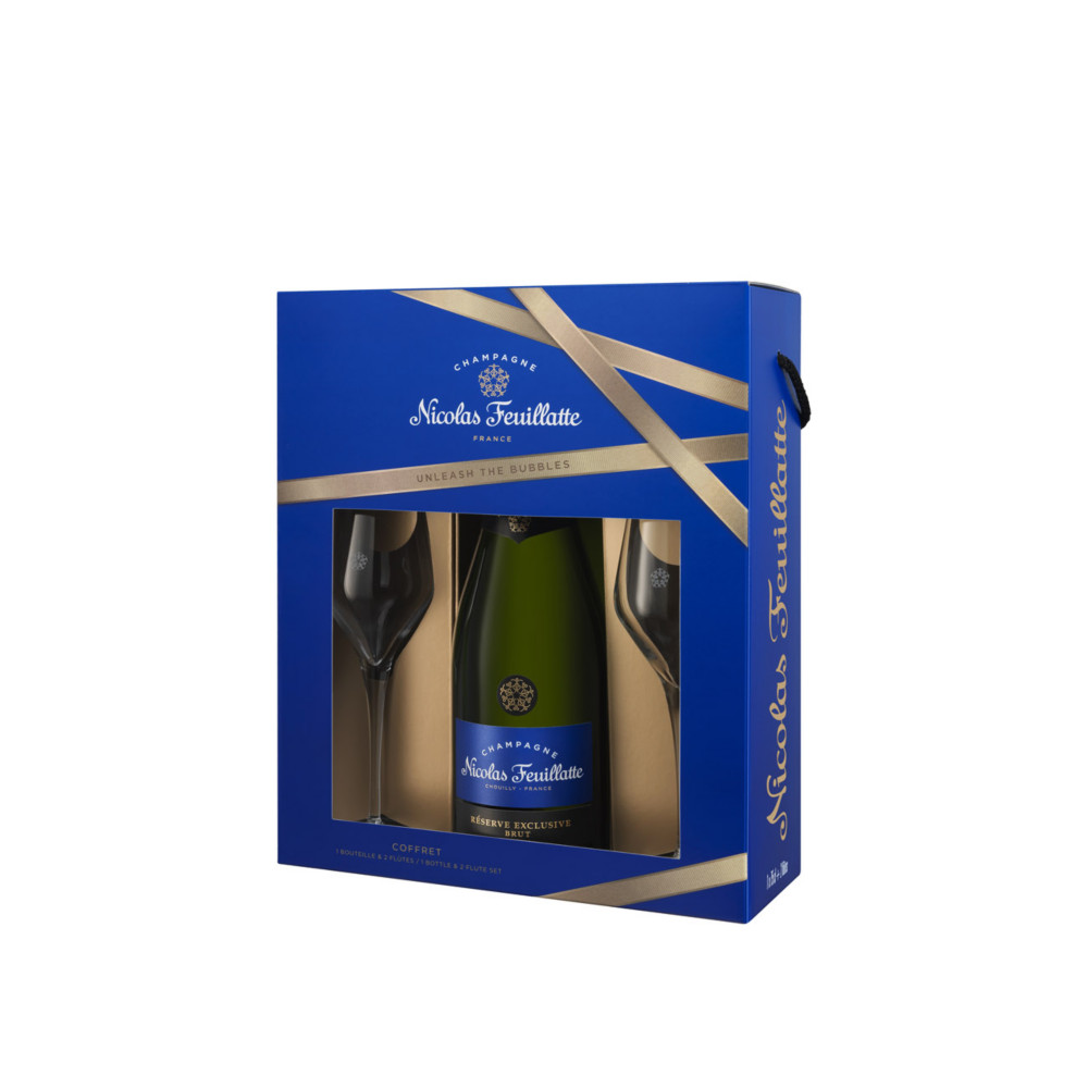 NICOLAS FEUILLATTE Coffret Champagne Brut Rserve Exclusive avec 2 fltes - Bouteille de 75 cl