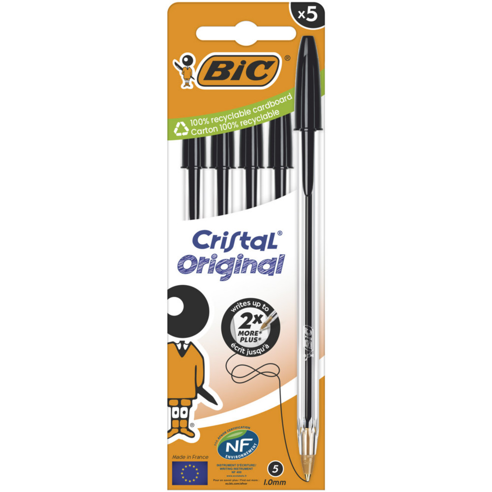 BIC Cristal Original Stylo bille  capuchon - pointe moyenne 1 mm - Noir - Pochette de 5