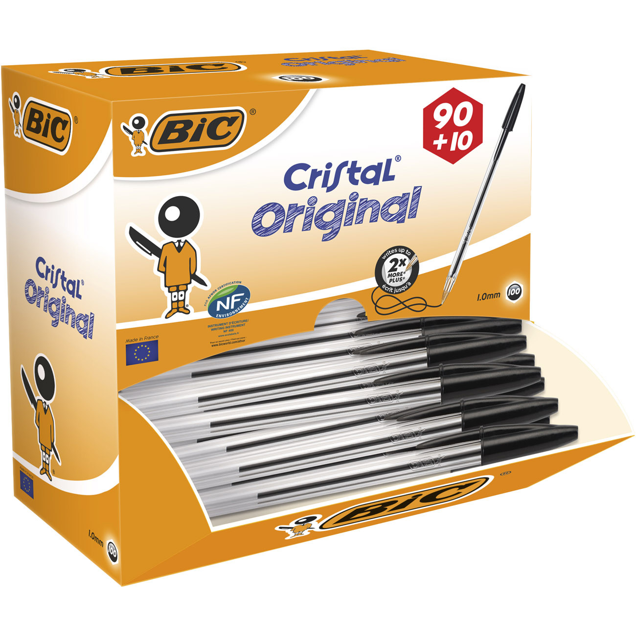 BIC Cristal Original Stylo bille à capuchon pointe moyenne 1 mm Pack Promo 90 + 10 OFFERTS