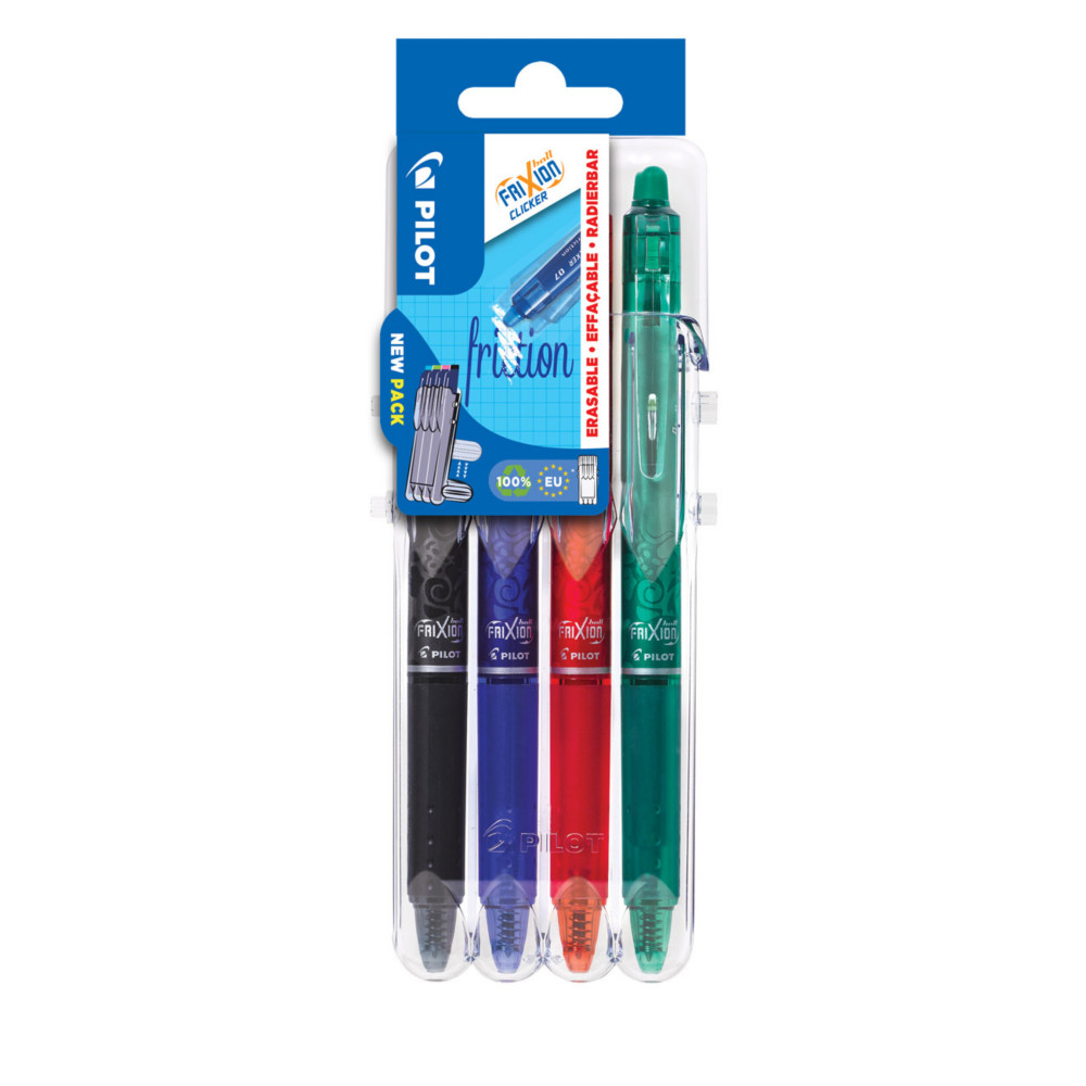 Pilot FriXion Clicker Stylo roller rtractable encre gel effaable pointe moyenne 0,7 mm - Etui rigide organiseur de 4 couleurs assorties classiques