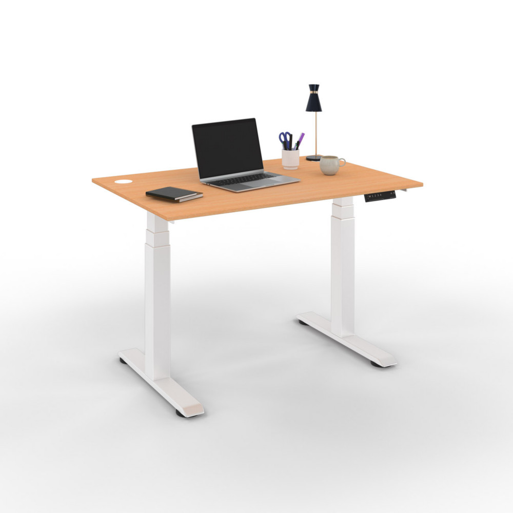 Bureau assis-debout Activ'o - Rglage lectrique en hauteur - L.120 x P.80 cm - Plateau Htre avec obturateurs - Pieds mtal Blanc
