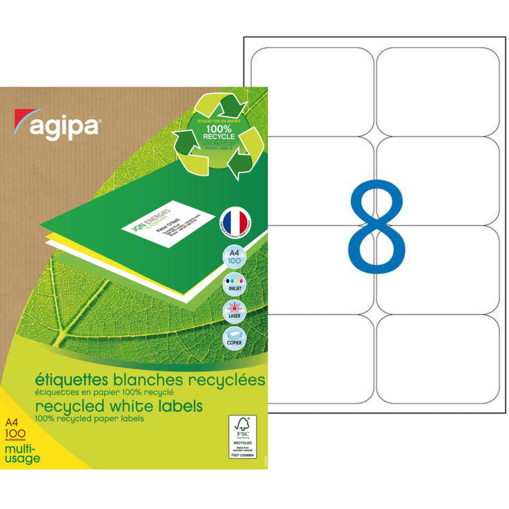 AGIPA 102648 Etiquettes blanches recycles multi-usage 99,1 x 67,7 mm - Bote de 800