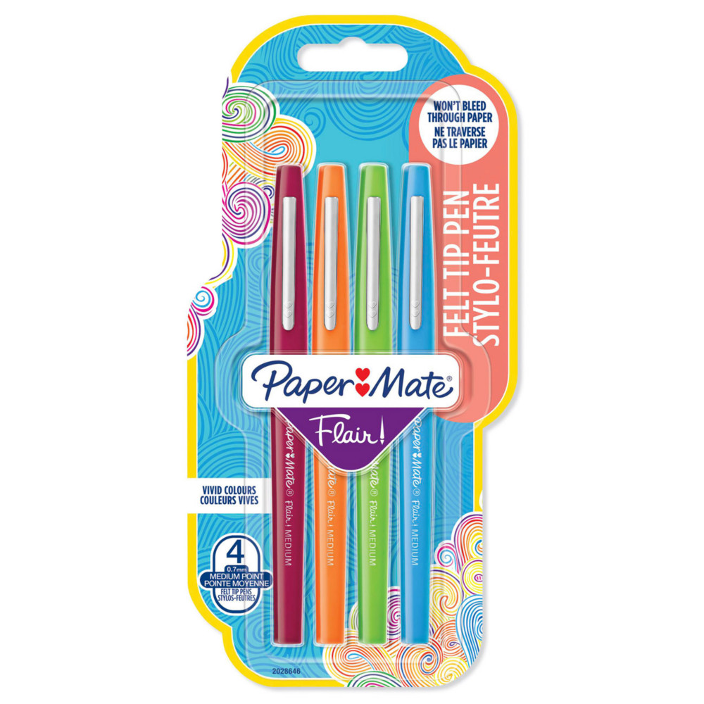 Paper Mate Flair Original Stylo feutre  capuchon pointe moyenne 1 mm - Pochette 4 couleurs Fun