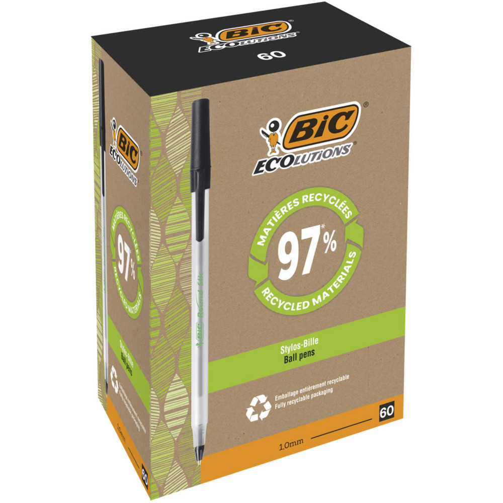 BIC Round Stic ECOlutions Stylo bille recycl pointe moyenne - Noir