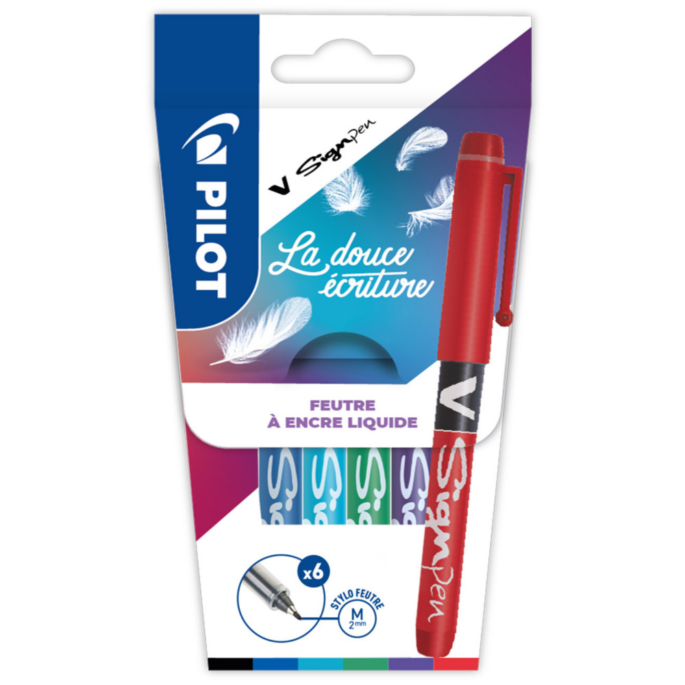 Pilot V-Sign Pen Stylo feutre  capuchon pointe moyenne 2 mm - Pochette 6 couleurs