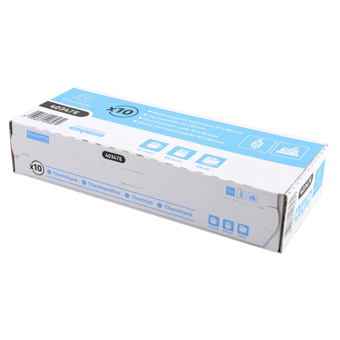 Exacompta Bobine TPE carte bancaire 57 x 60 x 12 mm Longueur 44M Rouleau Papier thermique 1 pli 55g sans Bisphénol A Lot de 10