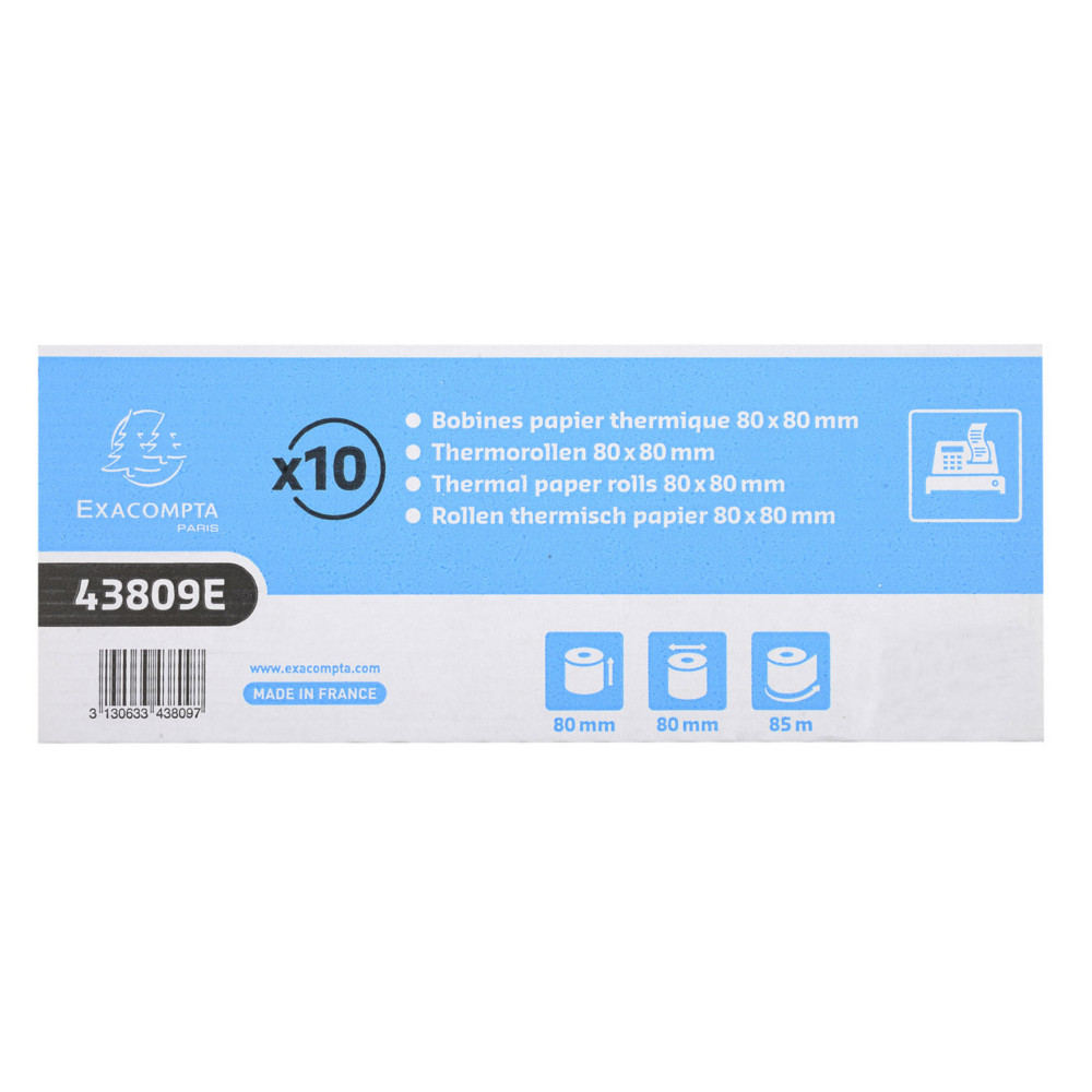 Exacompta Bobine tickets de caisse 80 x 80 x 12 mm - Longueur 85M - 43809E - Rouleau Papier thermique 1 pli 48g sans Bisphnol A - Lot de 10