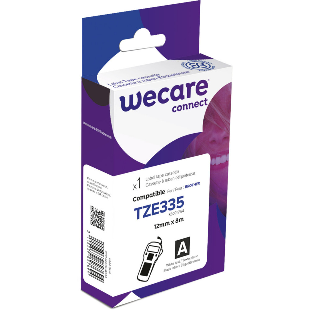 Wecare Ruban compatible Brother TZe-335 - 12 mm x 8 m - Noir sur Blanc