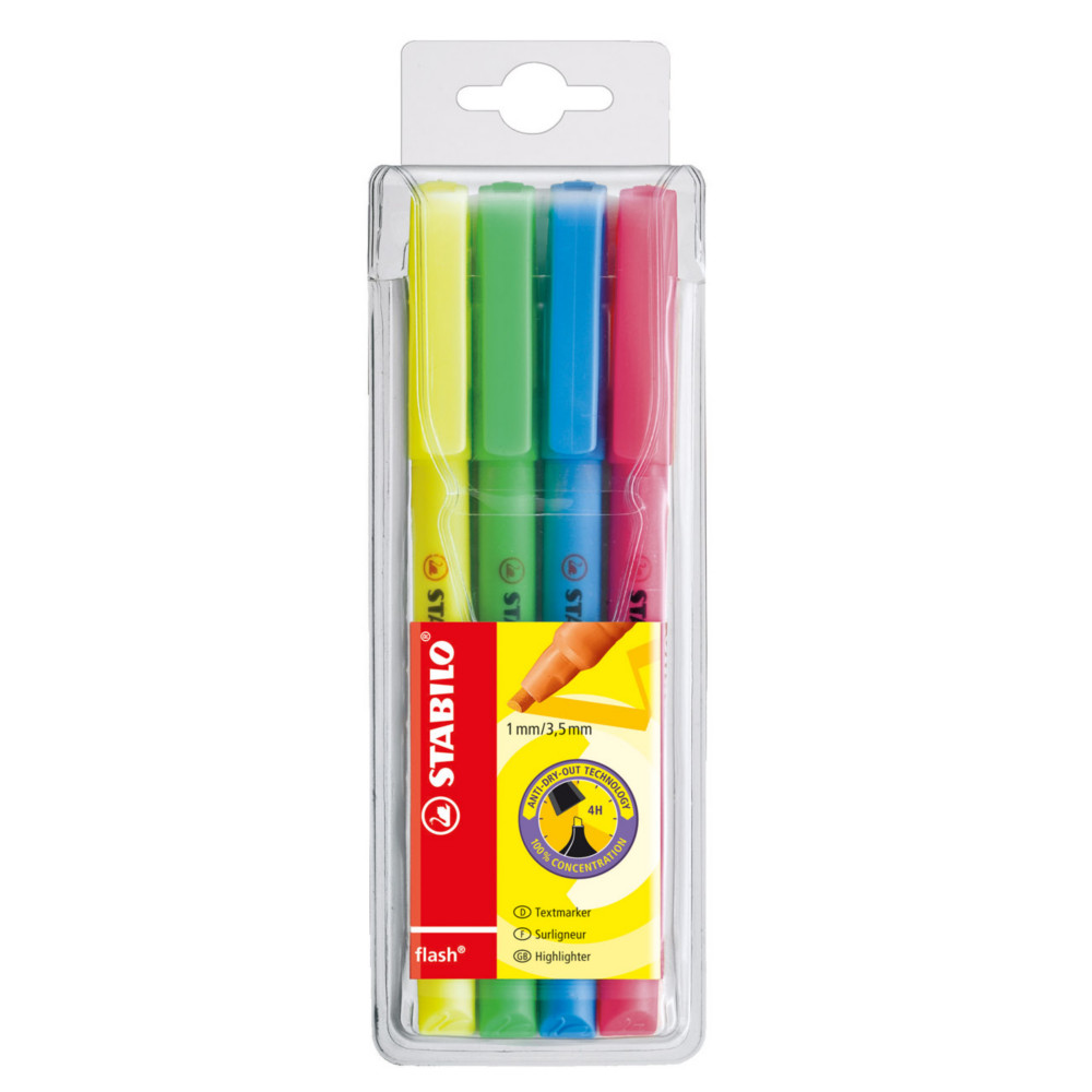 STABILO flash - Surligneur pointe biseaute 1 et 3,5 mm - Coloris assortis  - Pochette de 4
