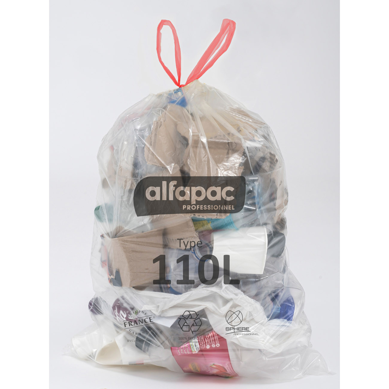 Sac poubelle transparent recyclé 110L - Sac à déchets Alfapac avec lien coulissant - Lot de 180
