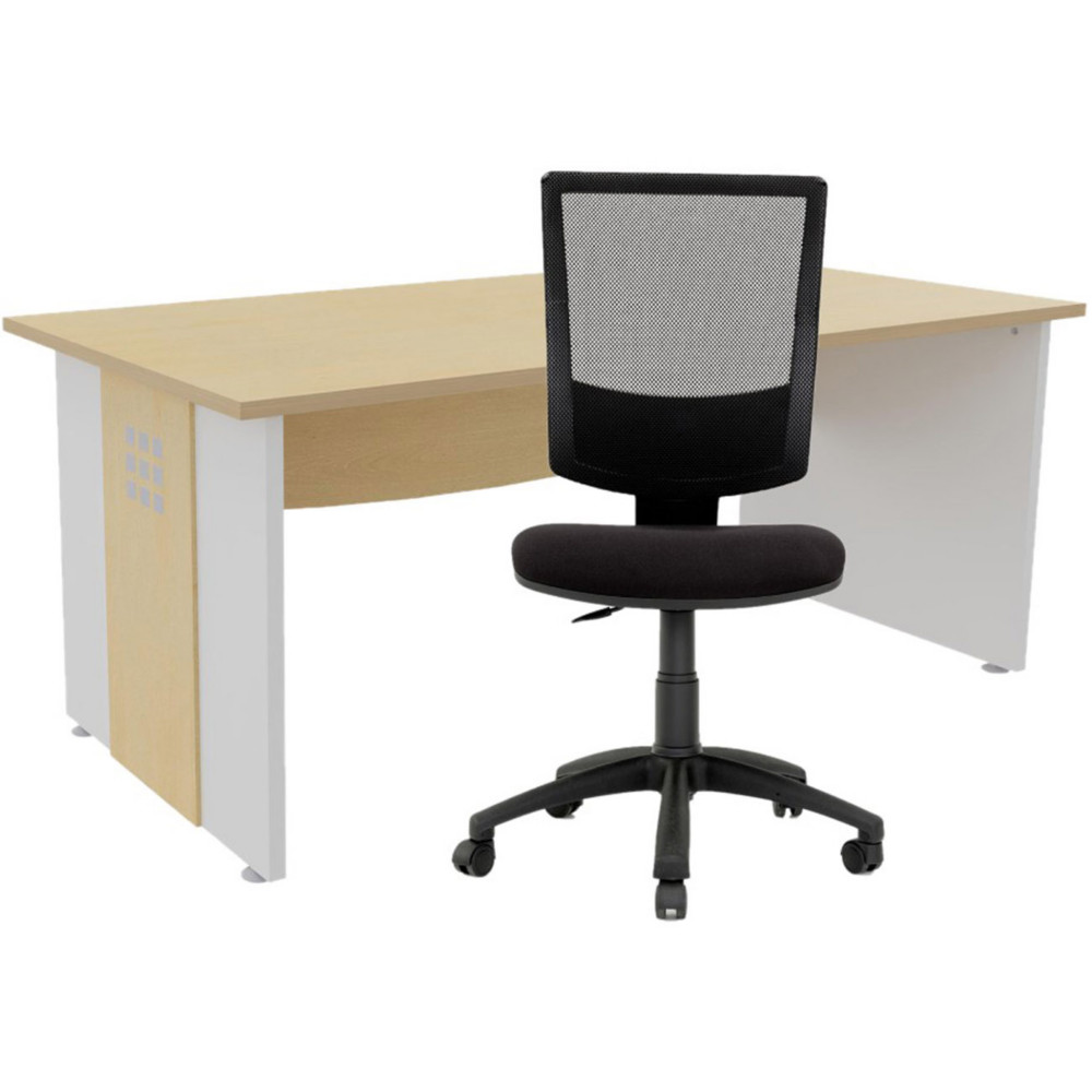 Pack bureau droit Axiome L.140 cm Plateau Htre Pieds panneaux Blanc + Sige Jenny maille/tissu Noir