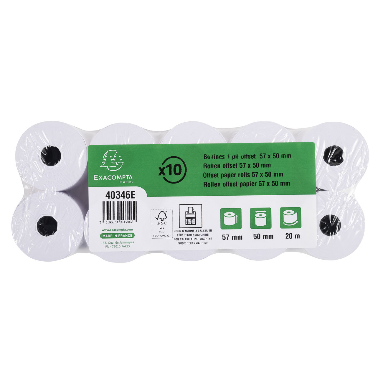 Exacompta Bobine calculatrice comptable 57 x 50 x 12 mm Longueur 20M Rouleau Papier offset 1 pli 60g Lot de 10