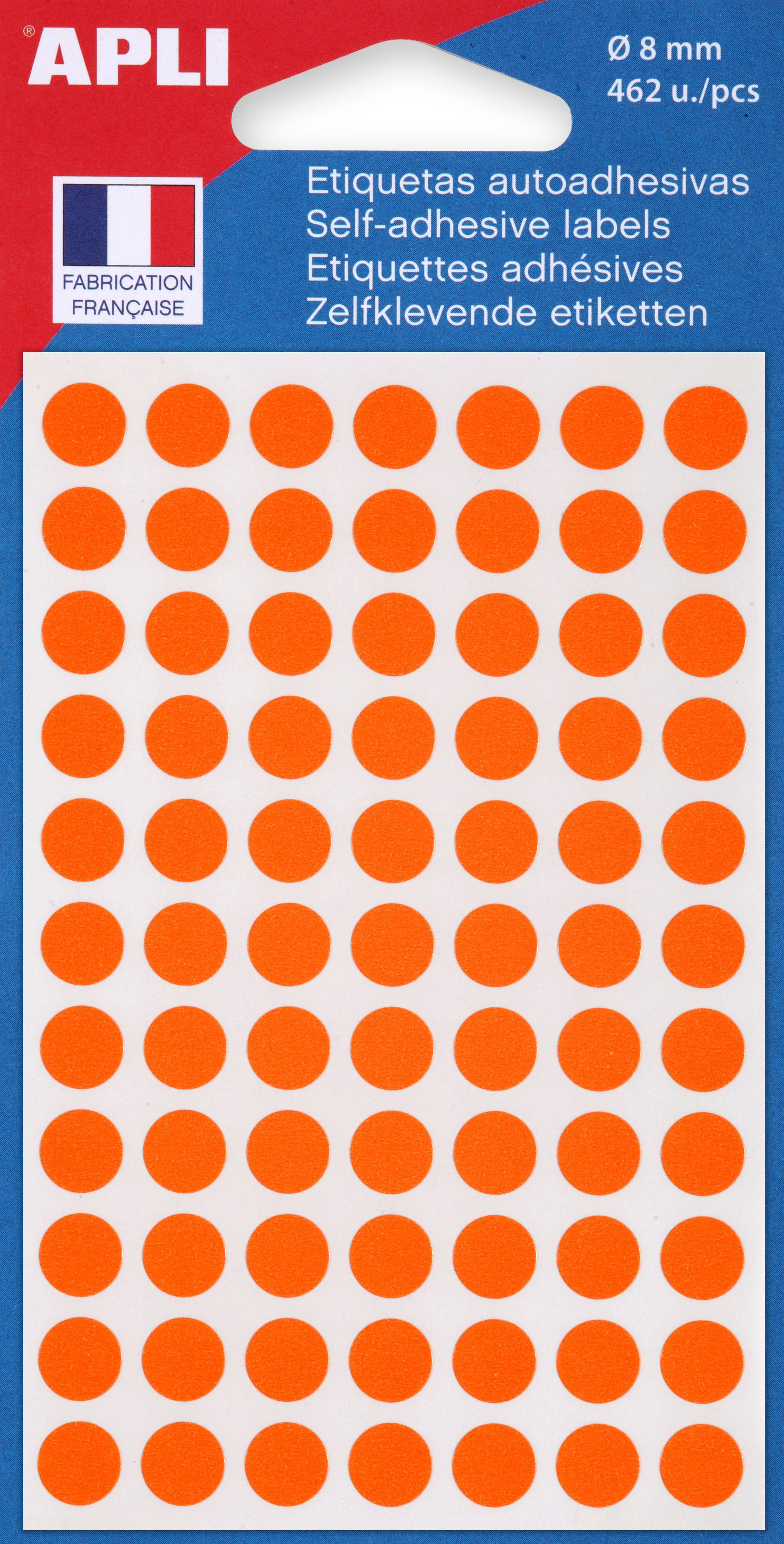 Pastilles adhésives APLI Ø 8 mm 111835 pochette 462 pièces orange