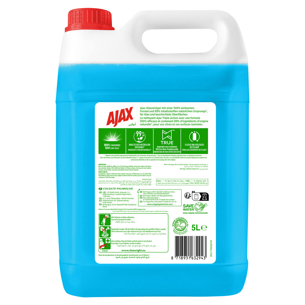 Ajax Nettoyant vitre triple action sans parfum - Bidon 5 L