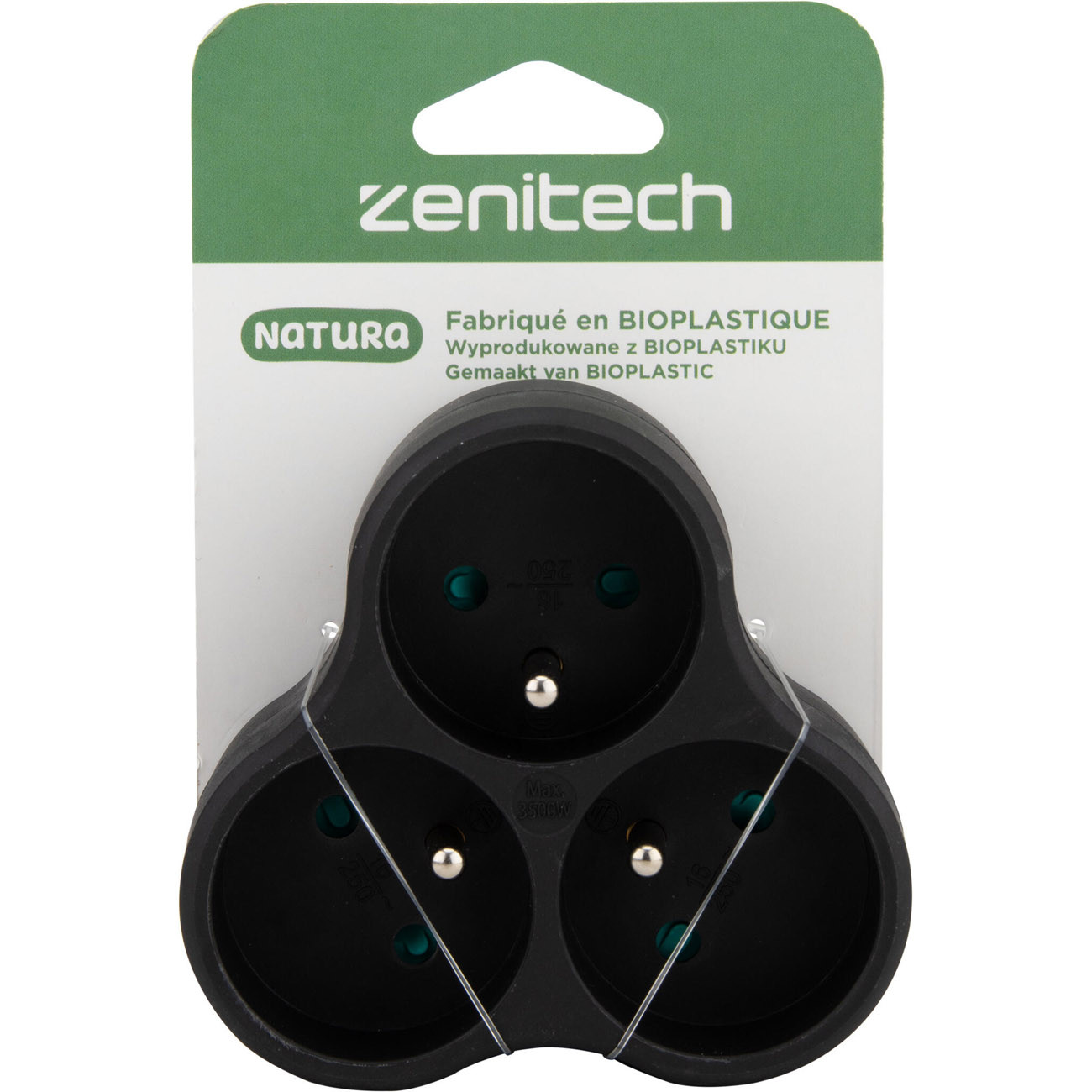 Zenitech Multiprise murale Bloc 3 prises secteur disposées en triangle 16A Natura - Conception Bioplastique - Triplite Noire