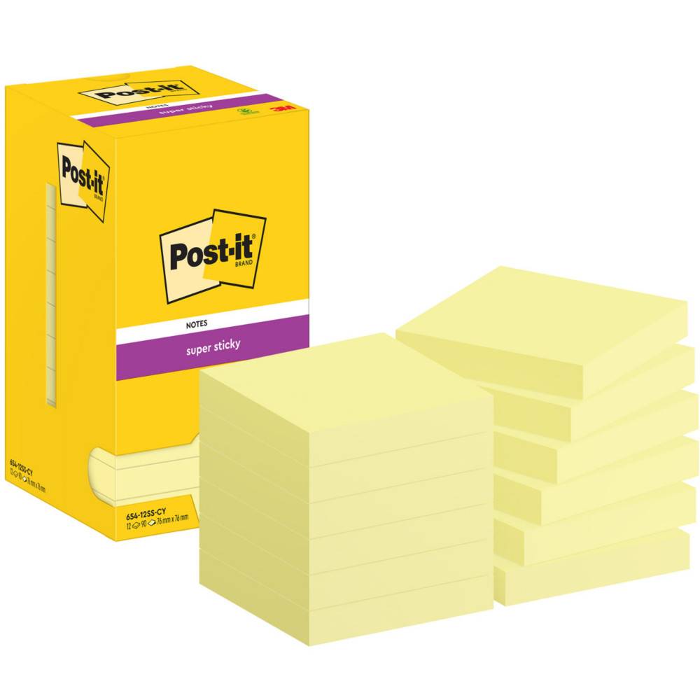 Post-it Notes repositionnables Super Sticky 76 x 76 mm - Jaune - Lot 12 blocs de 90 feuilles