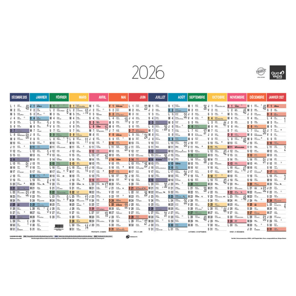 Quo Vadis Calendrier mural annuel 14 mois - Verso carte routire France et Europe - 67 x 43 cm  - Dcembre 2025  Janvier 2026