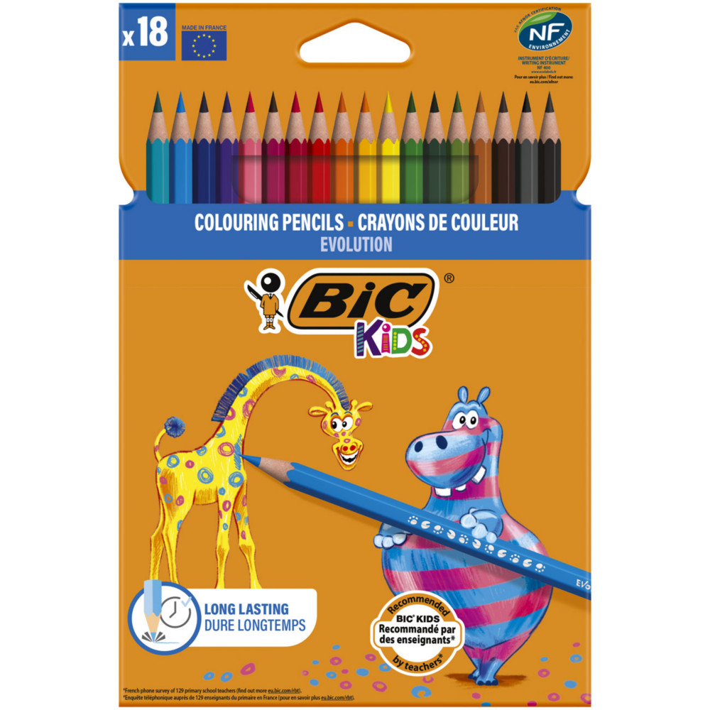BIC Kids Evolution Crayons de couleur en rsine synthtique - Couleurs assorties - Paquet 18 crayons