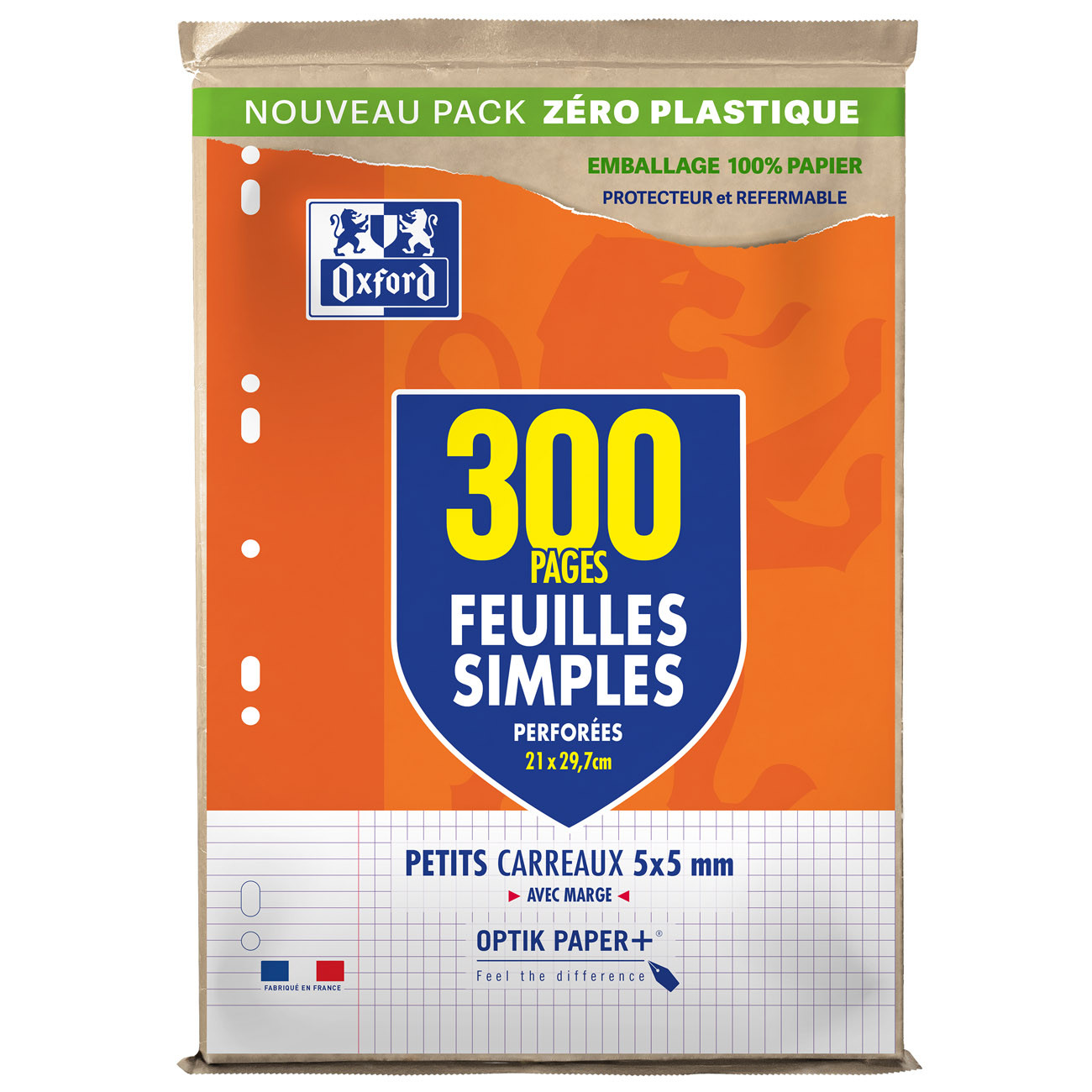 Oxford Feuille simple A4 perforé - Petits carreaux 5x5 avec marge  - Etui de 300 feuilles