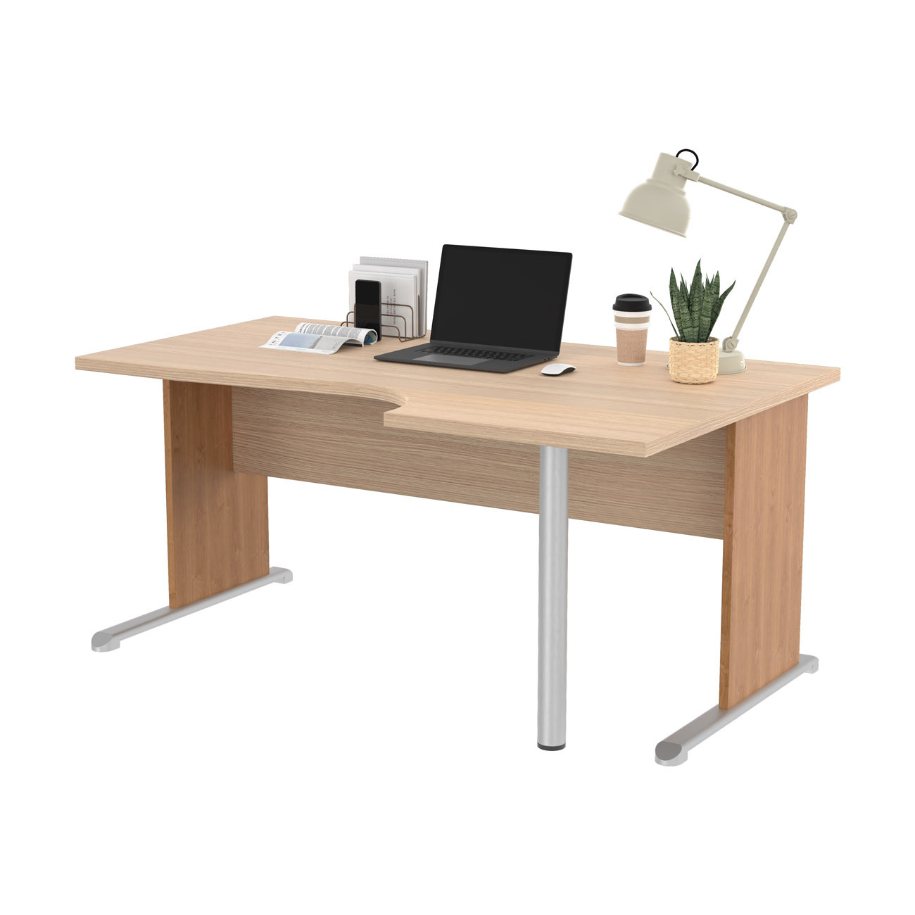 Bureau d'angle compact retour à droite Pronto Bois - L.160 x P.100 cm - Plateau Chêne - Pieds L Aulne