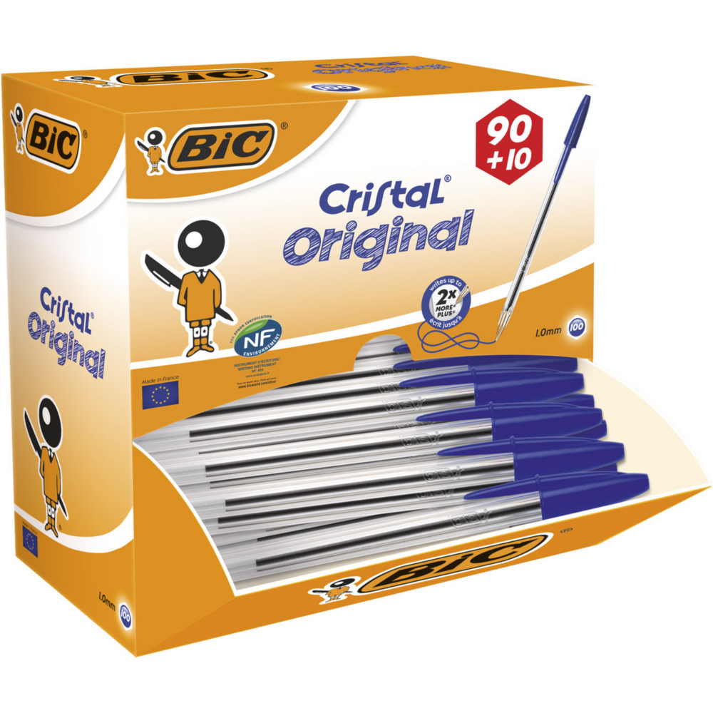 BIC Cristal Original Stylo bille  capuchon - pointe moyenne 1 mm - Bleu - Pack Promo 90 + 10 OFFERTS