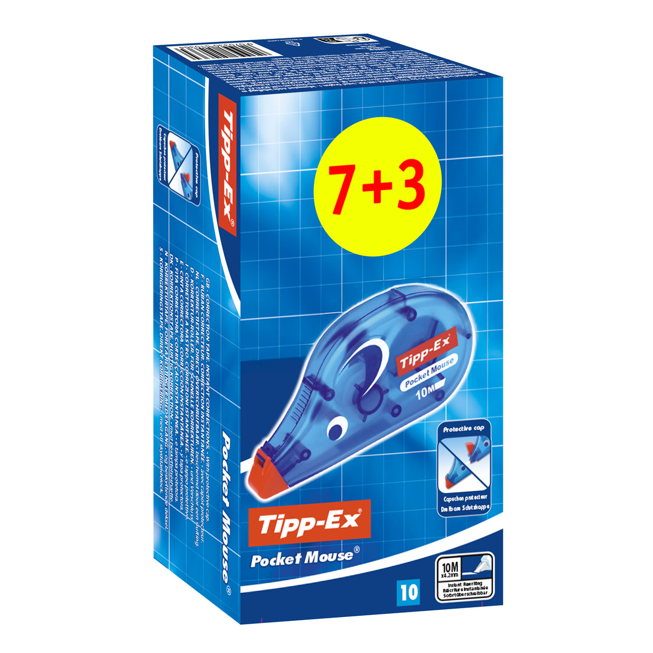 Tipp-Ex Pocket Mouse Rubans Correcteurs - 10 m x  4,2 mm Blanc translucide - Pack 7 + 3