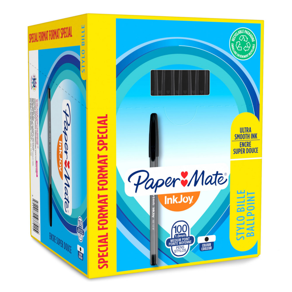Paper Mate InkJoy 100 Stylo bille  capuchon pointe moyenne 1 mm noir - Bote de 80 + 20 OFFERTS