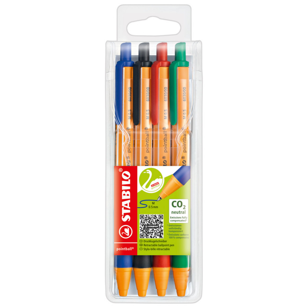 STABILO Stylo bille rtractable pointball pointe moyenne - Couleurs d'encre assorties: noir, bleu, vert, rouge