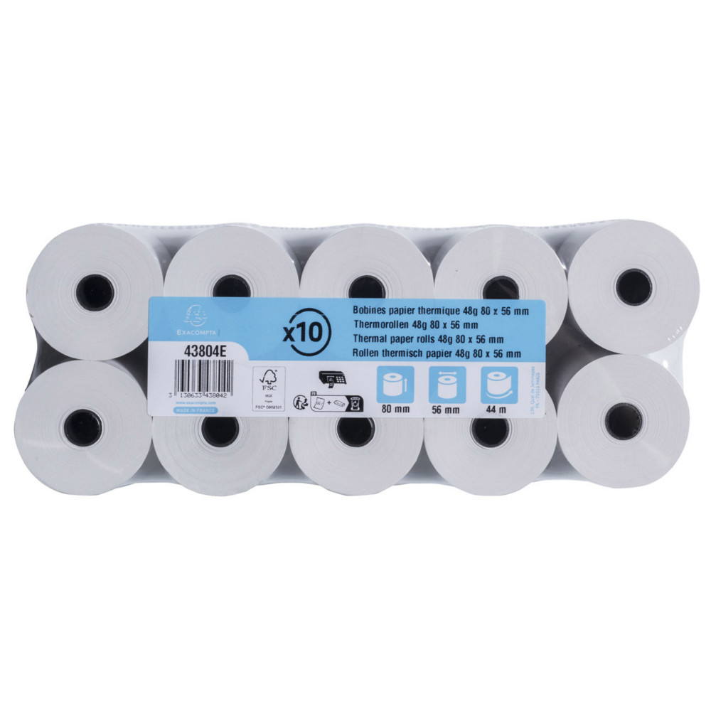 Exacompta Bobine balance 80 x 56 x 12 mm - Longueur 44M - 43804E - Rouleau Papier thermique 1 pli 48g sans Bisphnol A - Lot de 10