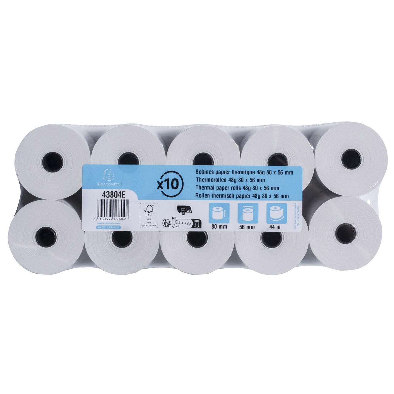 Exacompta Bobine balance 80 x 56 x 12 mm Longueur 44M Rouleau Papier thermique 1 pli 48g sans Bisphénol A Lot de 10