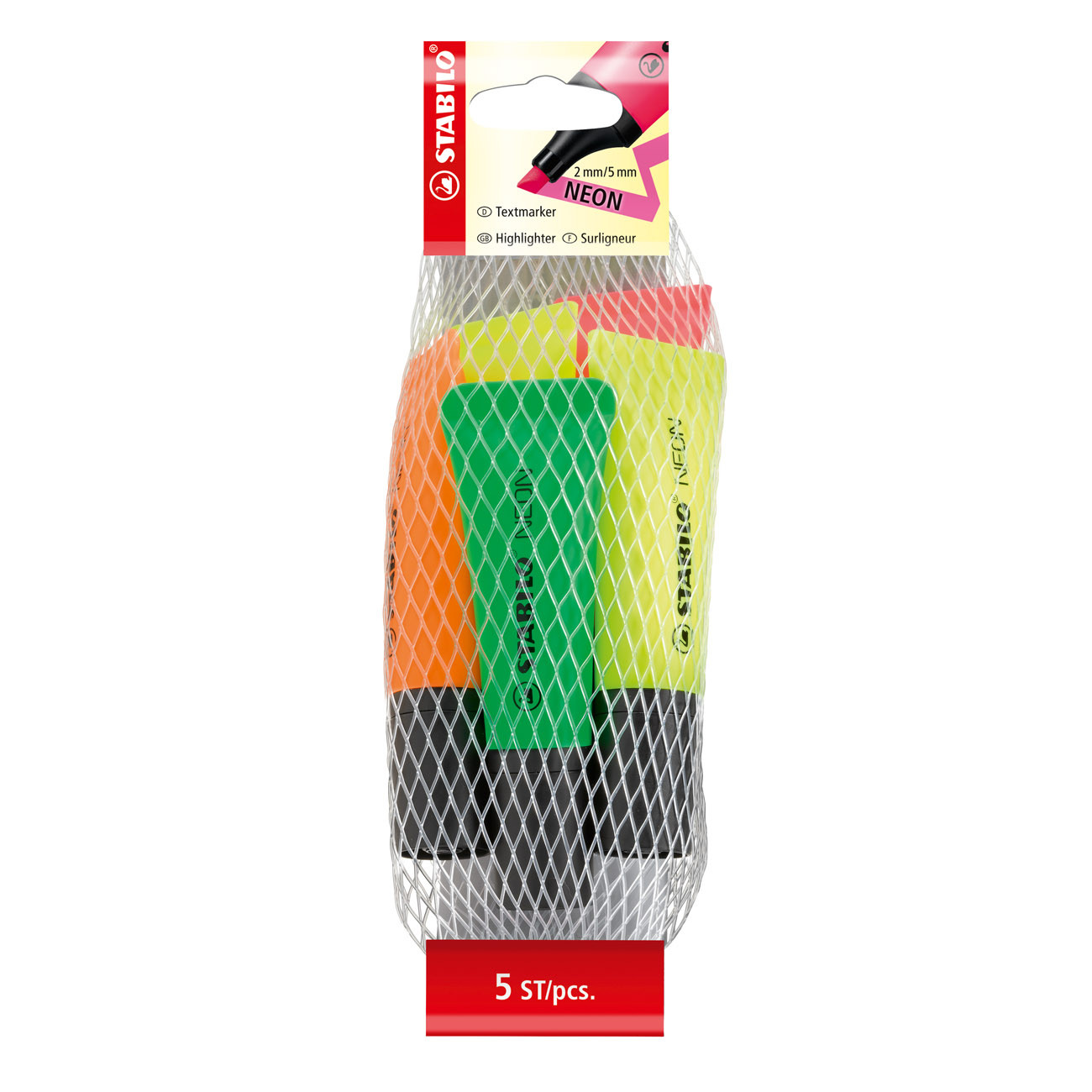 STABILO NEON Surligneur pointe biseautée 2 et 5 mm - couleurs fluo assorties - lot de 5 dans un filet en plastique