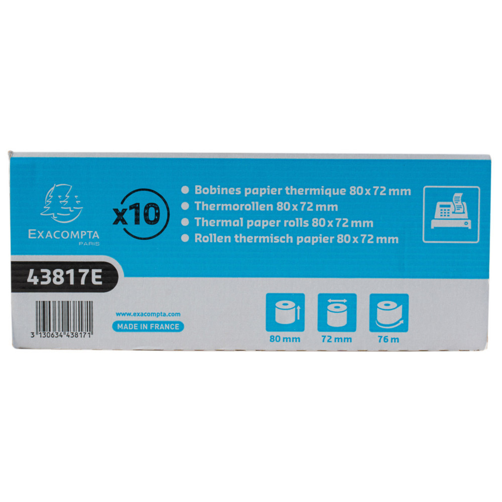 Exacompta Bobine tickets de caisse 80 x 72 x 12 mm - Longueur 76M - 43817E - Rouleau Papier thermique 1 pli 48 g sans Bisphnol A - Lot de 10